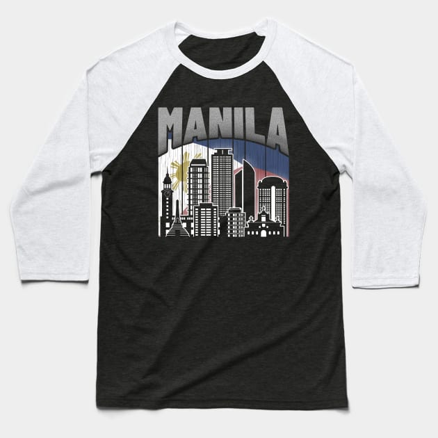 Manila NCR Skyline Vintage Philippines Flag Baseball T-Shirt by travel2xplanet